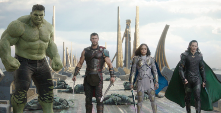 Chris Hemsworth, Mark Ruffalo, Tessa Thompson, and Tom Hiddleston in Thor: Ragnarok