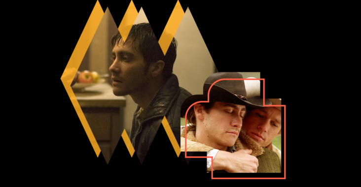 A collage of Jake Gyllenhaal in Zodiac and Brokeback Mountain.
