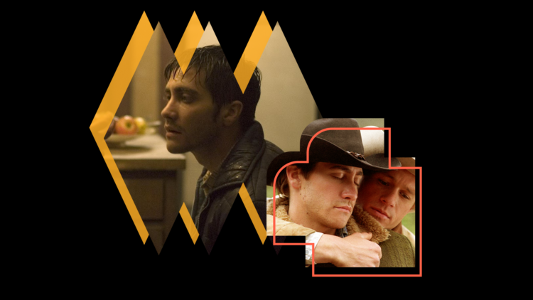 A collage of Jake Gyllenhaal in Zodiac and Brokeback Mountain.